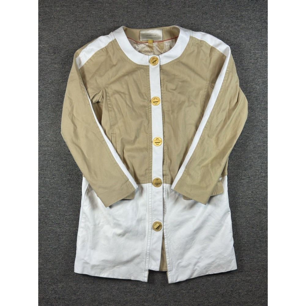 LEIFSDOTTIR Camel Cotton Twill with White Leather Trim Car Coat‎ Size 6 Pockets